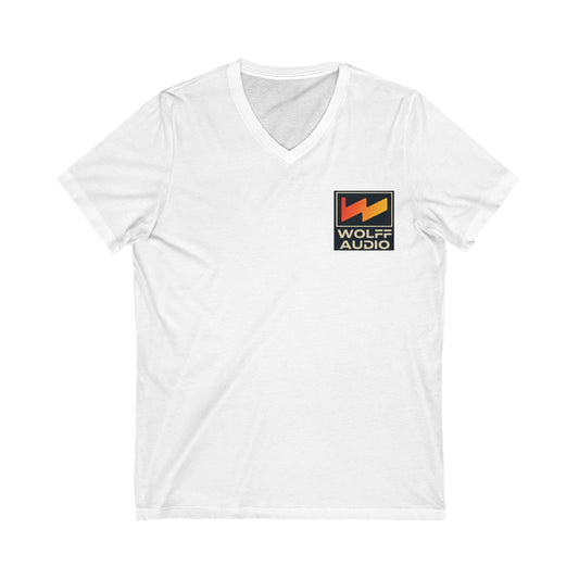 Wolff Audio V-Neck Tee for Music Lovers, Unisex Jersey T-Shirt, Gifts for Musicians, Vintage Style, Concert Apparel