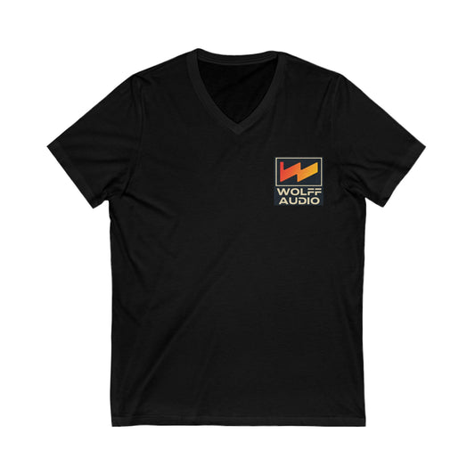 Wolff Audio V-Neck Tee for Music Lovers, Unisex Jersey T-Shirt, Gifts for Musicians, Vintage Style, Concert Apparel